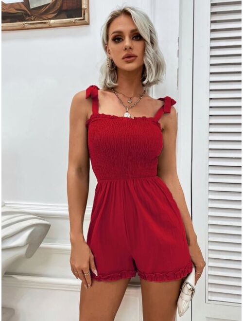 Eilly Bazar Shirred Frill Trim Tie Shoulder Cami Romper