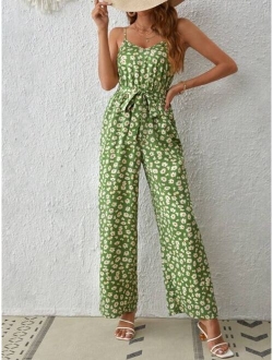 Daisy Floral Print Belted Cami Jumpsuit