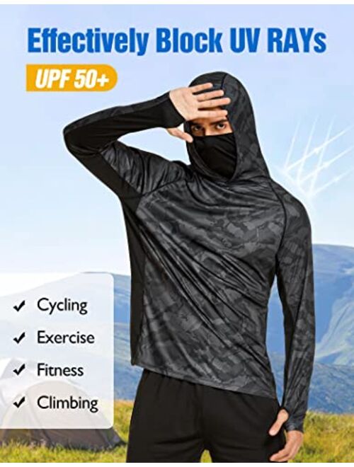 Coorun Mens UPF 50+ Sun Protection Hoodie with Mask Lightweight Hooded Fishing Shirt for Men Long Sleeve SPF Hoodie Rash Guard Shirt