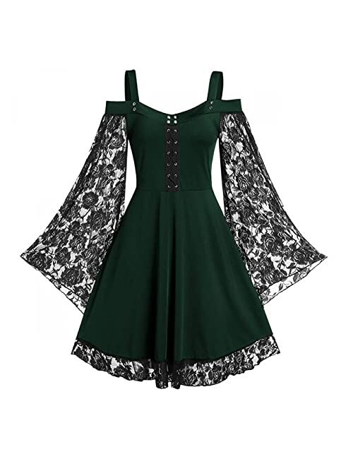 Momeitu Gothic Vintage Lace Patchwork Women Dress Plus Size Goth Bandage Ladies Spaghetti Strap Dresses