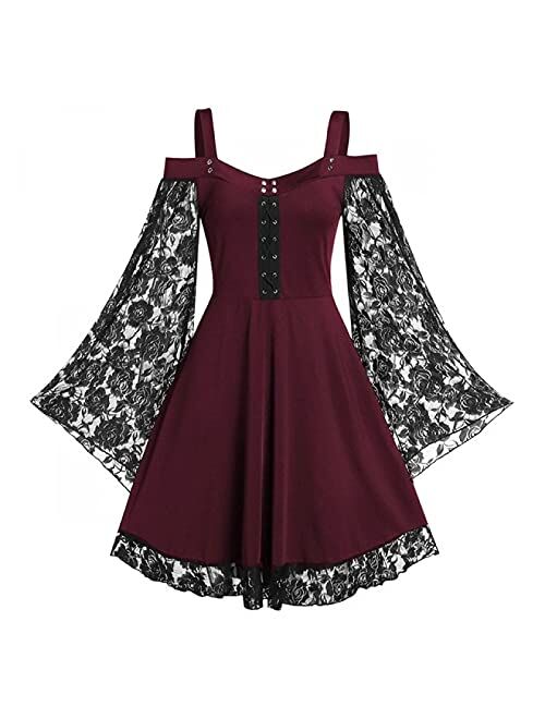 Momeitu Gothic Vintage Lace Patchwork Women Dress Plus Size Goth Bandage Ladies Spaghetti Strap Dresses