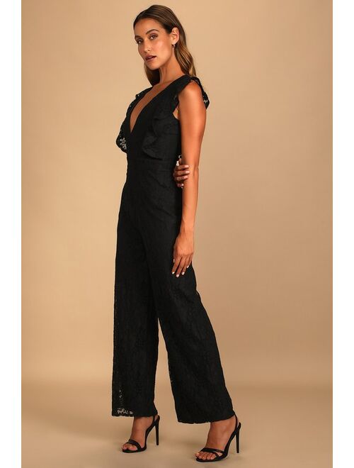 Lulus Molinetto Black Lace Ruffled Sleeveless Jumpsuit