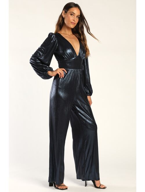 Lulus Midnight Glow Shiny Navy Blue Long Sleeve Wide-Leg Jumpsuit