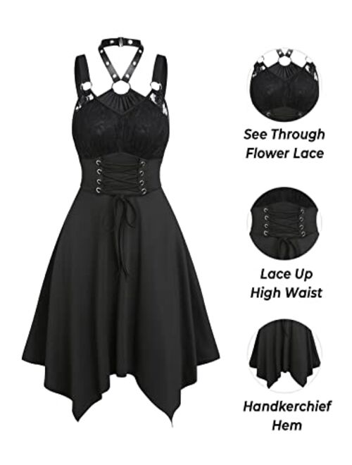 DRESSFO Women Gothic Dress Lace-up Halter Summer Midi Dress Casual Adjustable Zipper Dress