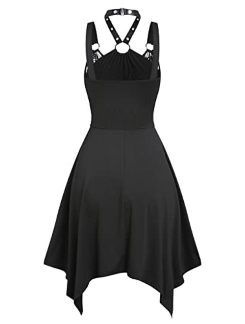 DRESSFO Women Gothic Dress Lace-up Halter Summer Midi Dress Casual Adjustable Zipper Dress