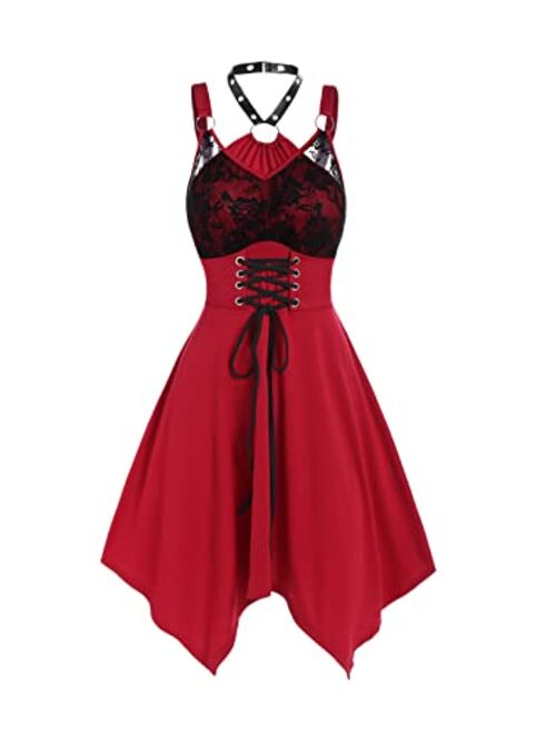 DRESSFO Women Gothic Dress Lace-up Halter Summer Midi Dress Casual Adjustable Zipper Dress