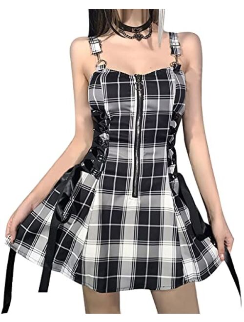 Tsmnzmu High Waist Sexy Summer Backless Mini Dress Plaid Mall Goth Grunge Punk Black Emo Sexy Party Zipper Dress