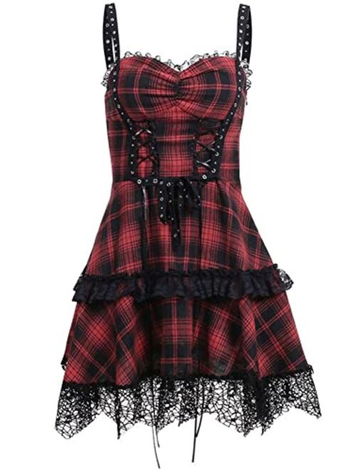 Tsmnzmu High Waist Sexy Summer Backless Mini Dress Plaid Mall Goth Grunge Punk Black Emo Sexy Party Zipper Dress