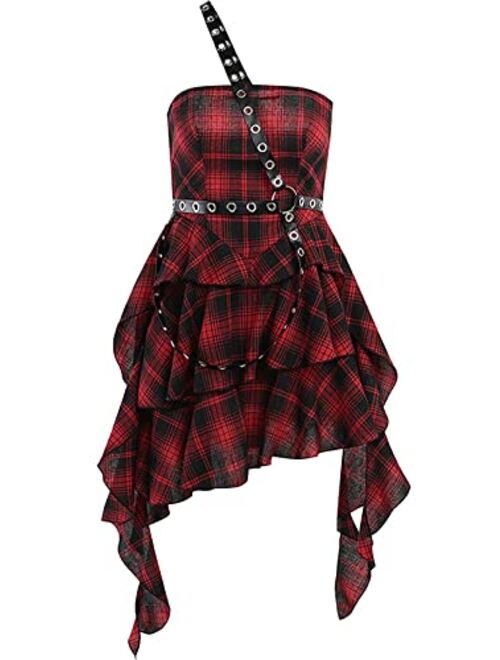 Tsmnzmu High Waist Sexy Summer Backless Mini Dress Plaid Mall Goth Grunge Punk Black Emo Sexy Party Zipper Dress