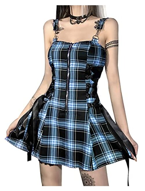 Tsmnzmu High Waist Sexy Summer Backless Mini Dress Plaid Mall Goth Grunge Punk Black Emo Sexy Party Zipper Dress