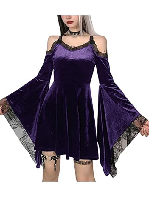 Aulkeep Womens Gothic Lolita Lace Sleeve Mini Dress Lace-up Goth Short Black Punk Dresses for Women Cosplay Party Prom