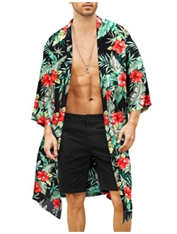 Men's Lightweight Kimono Robe Jacket Printed Japanese Style Bathrobes Casual Open Front Long Cardigan Coat Outwear