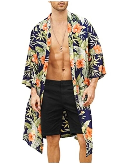 Men's Lightweight Kimono Robe Jacket Printed Japanese Style Bathrobes Casual Open Front Long Cardigan Coat Outwear