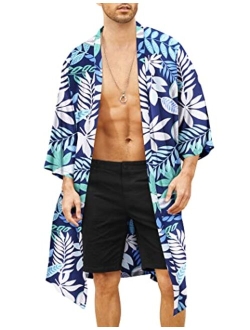 Men's Lightweight Kimono Robe Jacket Printed Japanese Style Bathrobes Casual Open Front Long Cardigan Coat Outwear