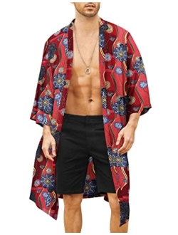 Men's Lightweight Kimono Robe Jacket Printed Japanese Style Bathrobes Casual Open Front Long Cardigan Coat Outwear