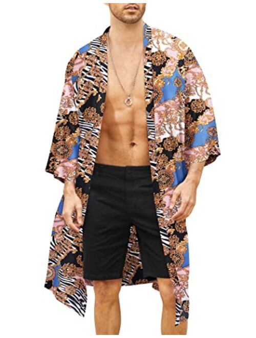 COOFANDY Men's Lightweight Kimono Robe Jacket Printed Japanese Style Bathrobes Casual Open Front Long Cardigan Coat Outwear