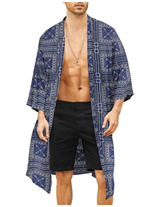 COOFANDY Men's Lightweight Kimono Robe Jacket Printed Japanese Style Bathrobes Casual Open Front Long Cardigan Coat Outwear