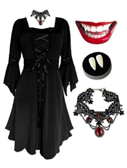 Dare to Wear Eternal Vampire Costume: Fangs, Faux Ruby Choker & Timeless Gothic Victorian Women's Renaissance Dress