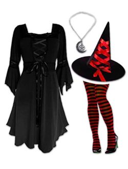 Dare to Wear Sorceress Costume: Ribbon Witch Hat, Pentagram Pendant, Striped Tights & Gothic Women's Black Renaissance Dress