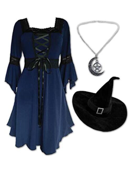 Dare to Wear Magick Witch Costume: Pentagram Pendant, Velour Hat, & Victorian Gothic Women's Renaissance Dress