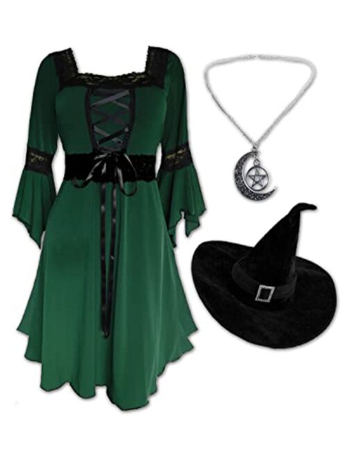 Dare to Wear Magick Witch Costume: Pentagram Pendant, Velour Hat, & Victorian Gothic Women's Renaissance Dress