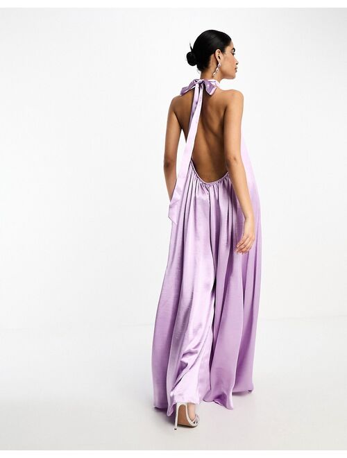 ASOS DESIGN satin halter neck backless wide leg jumpsuit in lilac