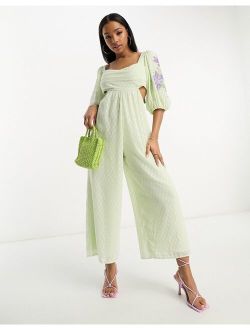 smock culotte jumpsuit with embroidery in mint