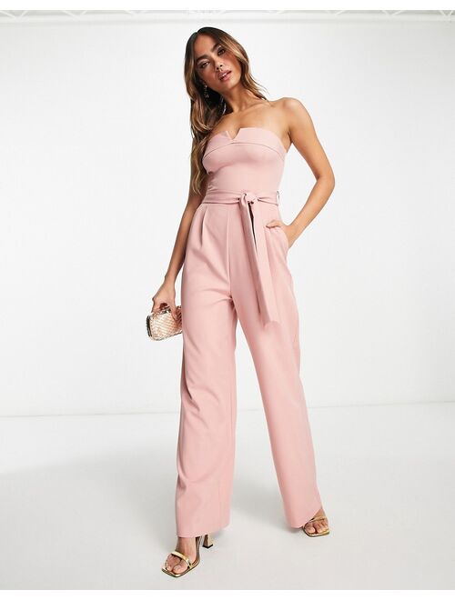 Miss Selfridge strapless bandeau tie waist wide leg jumpsuit in blush