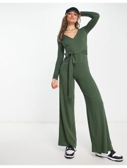 jersey rib wide leg jumpsuit in khaki