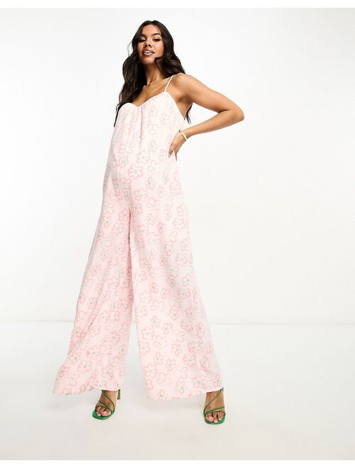 Glamorous Maternity lace-back strappy smock jumpsuit in pink floral