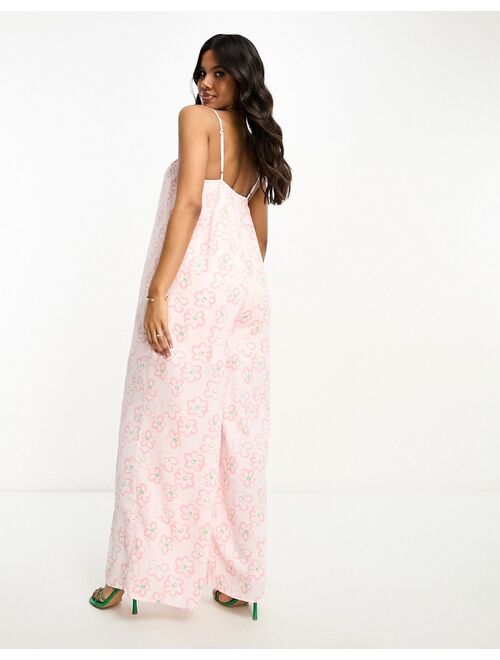 Glamorous Maternity lace-back strappy smock jumpsuit in pink floral