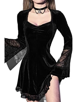 Ingoticos Women Gothic Dress,Lace Velvet Dress Black Lace Goth Vintage Dresses Clothes