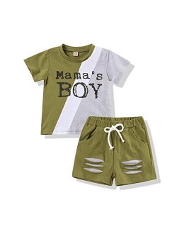 bilison Toddler Baby Boy Clothes Wild Boy Letter Print Splicing T-Shirt Top+ Ripped Shorts 2PC Boy Summer Outfits