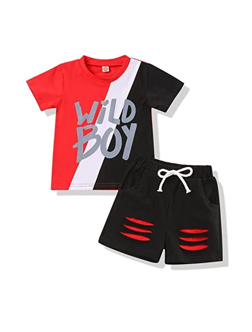 bilison Toddler Baby Boy Clothes Wild Boy Letter Print Splicing T-Shirt Top+ Ripped Shorts 2PC Boy Summer Outfits