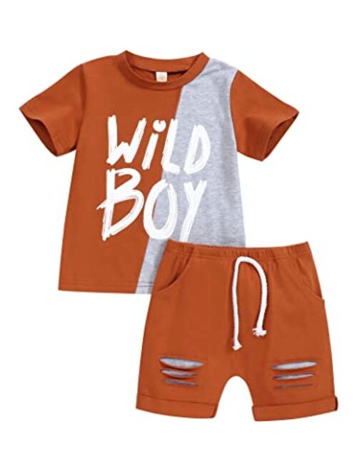 bilison Toddler Baby Boy Clothes Wild Boy Letter Print Splicing T-Shirt Top+ Ripped Shorts 2PC Boy Summer Outfits