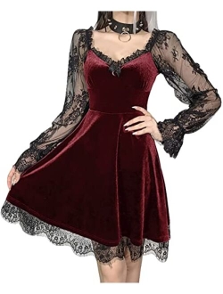 Kisswow Gothic Sleeveless Lace Dress Halloween A-Line Mini Dress Summer Womens Spaghetti Strap Velvet Dresses Black