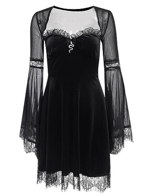 Kisswow Gothic Sleeveless Lace Dress Halloween A-Line Mini Dress Summer Womens Spaghetti Strap Velvet Dresses Black