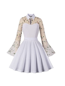 Women's Vintage 1950s Floral Lace Butterfly Ruffle Sleeve Cocktail Birthday Party Dress Up Wedding Swing Hepburn 60s Costume