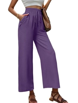 Heymoments Women's Wide Leg Lounge Pants with Pockets Lightweight High Waisted Adjustable Tie Knot Loose Trousers