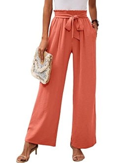 Heymoments Women's Wide Leg Lounge Pants with Pockets Lightweight High Waisted Adjustable Tie Knot Loose Trousers