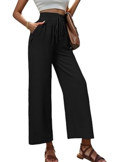 Heymoments Women's Wide Leg Lounge Pants with Pockets Lightweight High Waisted Adjustable Tie Knot Loose Trousers