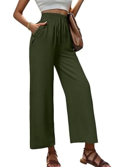 Heymoments Women's Wide Leg Lounge Pants with Pockets Lightweight High Waisted Adjustable Tie Knot Loose Trousers