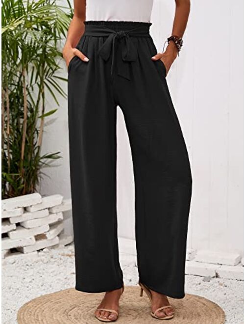 Heymoments Women's Wide Leg Lounge Pants with Pockets Lightweight High Waisted Adjustable Tie Knot Loose Trousers