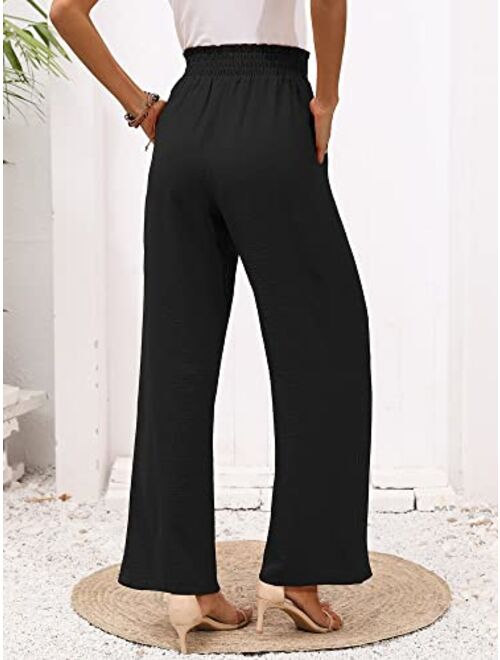 Heymoments Women's Wide Leg Lounge Pants with Pockets Lightweight High Waisted Adjustable Tie Knot Loose Trousers