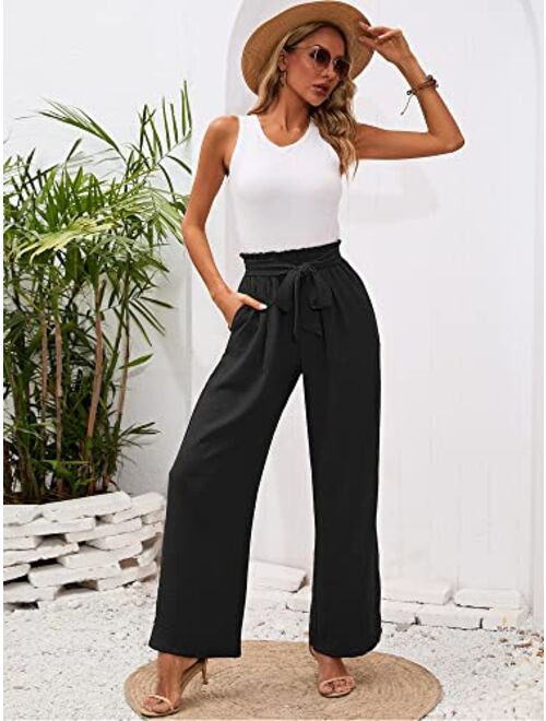 Heymoments Women's Wide Leg Lounge Pants with Pockets Lightweight High Waisted Adjustable Tie Knot Loose Trousers