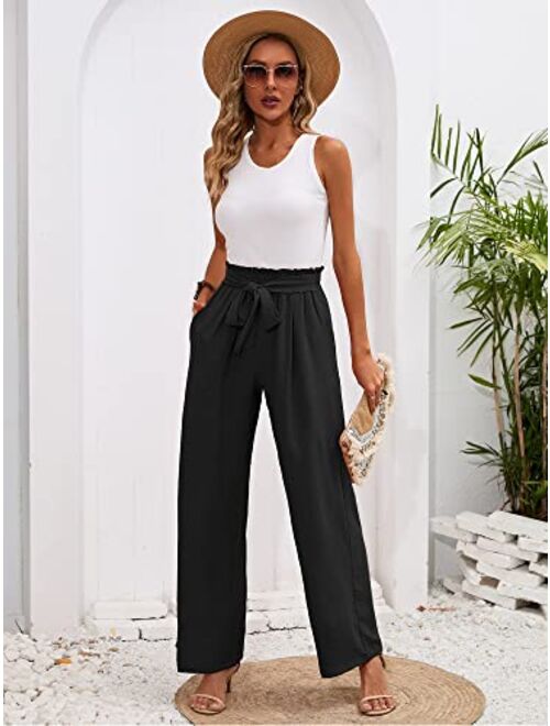 Heymoments Women's Wide Leg Lounge Pants with Pockets Lightweight High Waisted Adjustable Tie Knot Loose Trousers