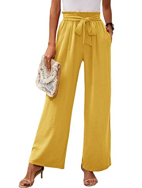 Heymoments Women's Wide Leg Lounge Pants with Pockets Lightweight High Waisted Adjustable Tie Knot Loose Trousers