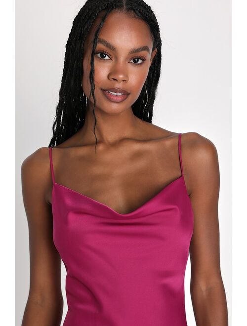 Lulus Iconic Stunner Magenta Satin Cowl Neck Asymmetrical Midi Dress