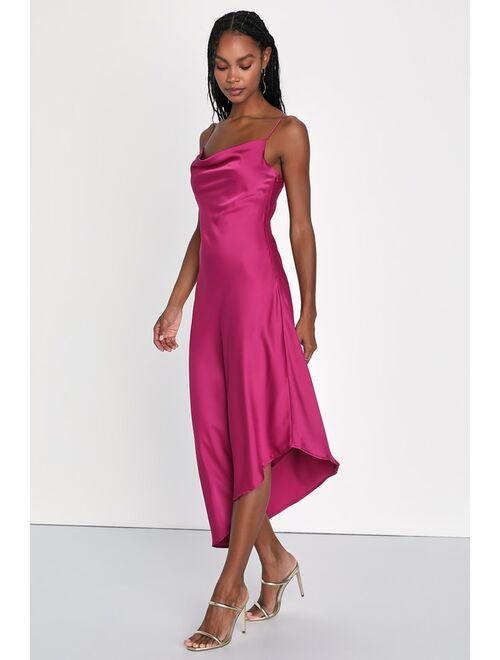 Lulus Iconic Stunner Magenta Satin Cowl Neck Asymmetrical Midi Dress