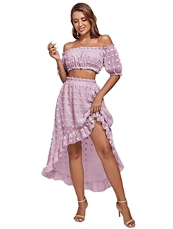 LYANER Womens 2 Piece Outfit Dress Off Shoulder Crop Top High Waist Ruffle Midi Skirt Set